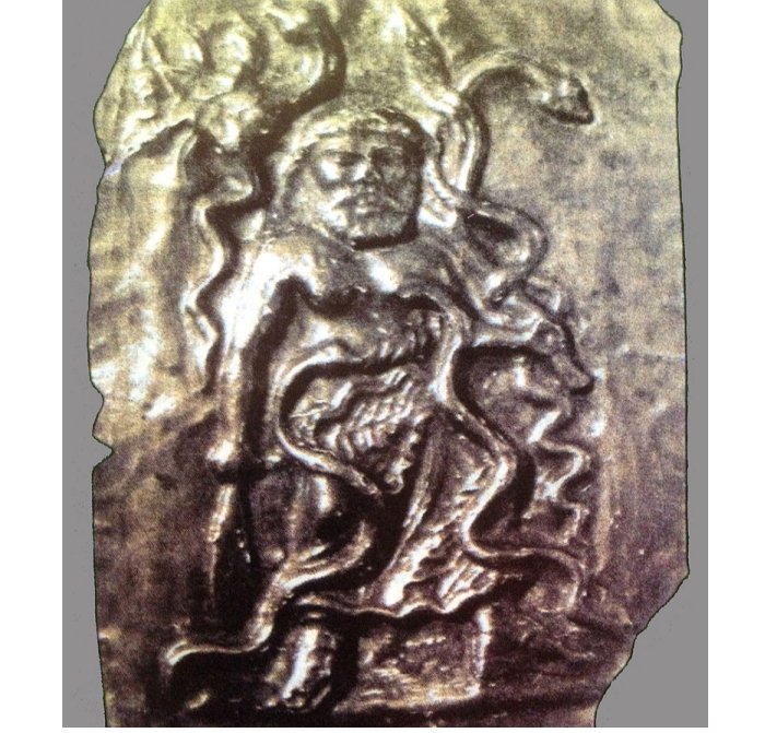 Silver votive plaque with an image of Sabazios with snakes (find from Belintash, the Rhodope Mountains, Bulgaria 6th-5th century BC 