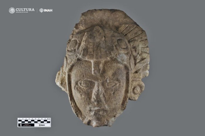 Sculpted Head Of Ancient Warrior Wearing A Serpent Helmet Found At Chichen Itza