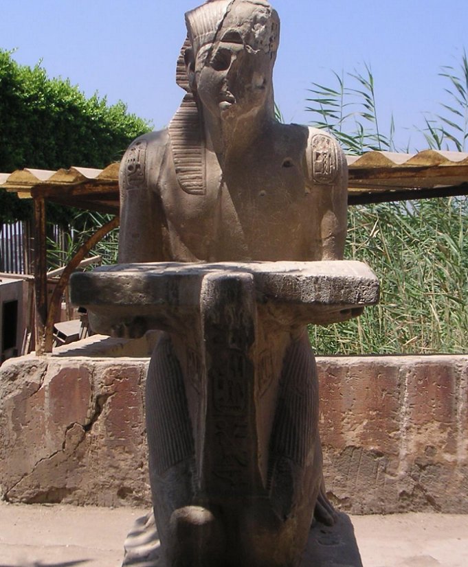 Statue of Sethi II making an offering to the gods Atum and Shou - XIXth dynasty - Heliopolis - Cairo