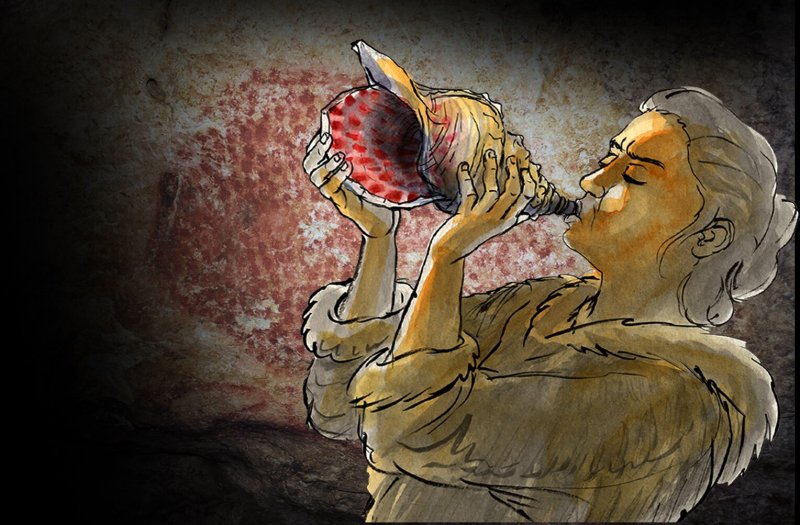 Reconstruction of the instrument being played. In the background, a red dotted buffalo decorates the walls of the Marsoulas Cave; similar motifs decorate the instrument. Credit: © Carole Fritz et al. 2021 / drawing: Gilles Tosello