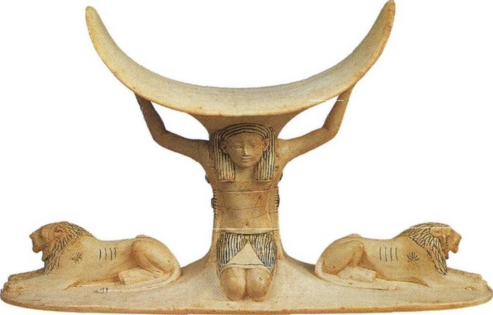 Ivory head-rest from the tomb of Tutankhamun showing the god Shu who supported the head of the king-symbolically the sun - as it ‘set’ and ‘rose’ between the lions of yesterday and the coming tomorrow. (Dated to 18th dynasty). Image credit: Egyptian Museum, Cairo.