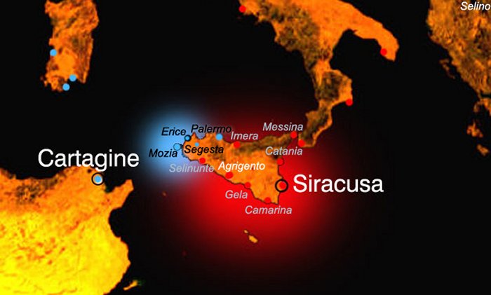 Location of the main Phoenician (blue color) and Greek (red color) cities.