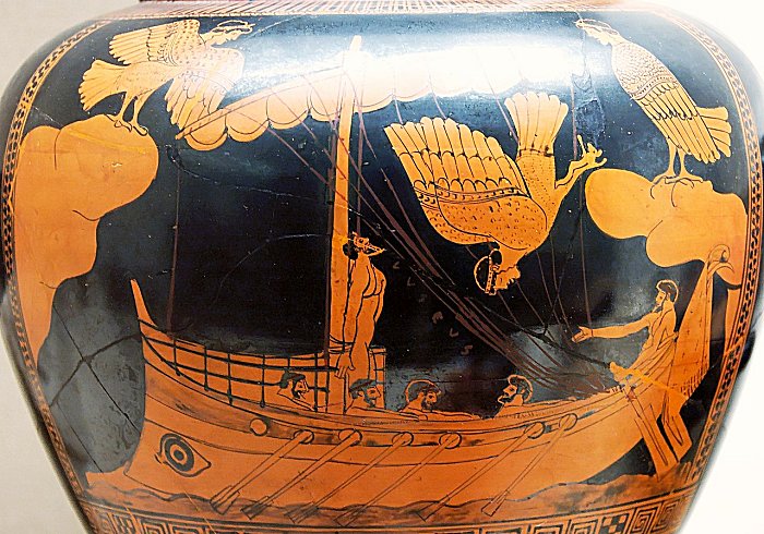 Odysseus and the Sirens. Detail of an Attic red-figure stamnos by the Mermaid Painter (eponymous vase), circa 480-470 BC. AD Provenance: Vulci.