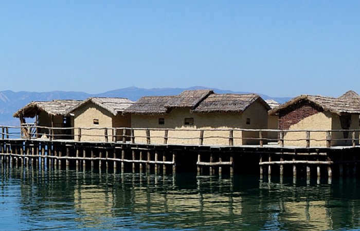 Reconstruction of Bronze Age stilt houses on Lake Ohrid, near Peštani, North Macedonia