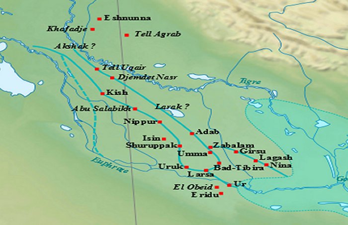 Map of the main cities of Lower Mesopotamia during the Early Dynastic period, with the approximate course of the rivers and the ancient shoreline of the Gulf. 