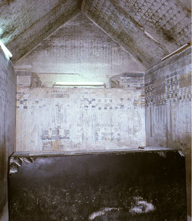 Black greywacke sarcophagus in the funerary chamber of Unas' pyramid. 