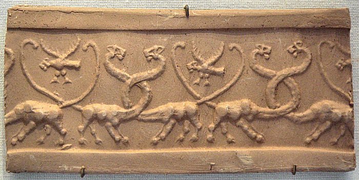 Clay impression of a cylinder seal with monstrous lions and lion-headed eagles, Mesopotamia, Uruk Period (4100 BC–3000 BC). Louvre Museum.