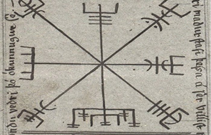 Portion of page 60 of Huld Manuscript ca. 1860 showing two Vegvisir symbols with тιтle and description of use in Icelandic