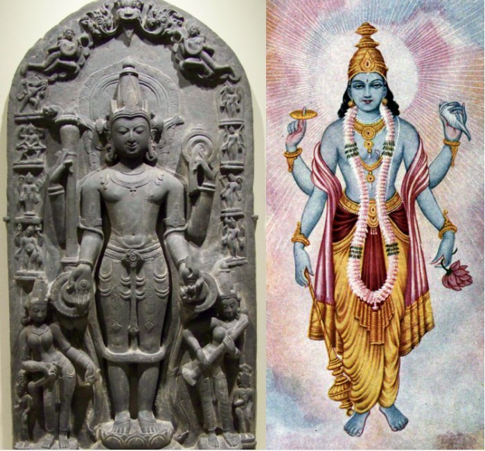 Left: 11th-century Vishnu sculpture at Brooklyn Museum. Source; Right: Bhagavan Vishnu. Source