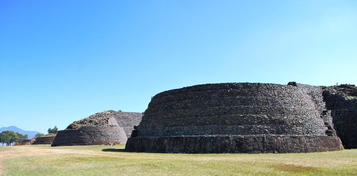 View of the yácata pyramids from the south end