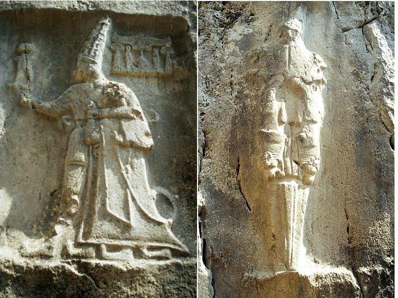 Left: Rock carving in Chamber B depicting god Sharruma and King Tudhaliya dated to around 1250 - 1220 BC. Right: Nergal, the underworld god in the era of Old ᴀssyria and Old Babylonia. PH๏τo: wikipedia